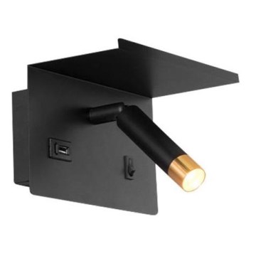 Vægspot med hylde og USB oplader 1xG9/35W/230V sort/guldfarvet