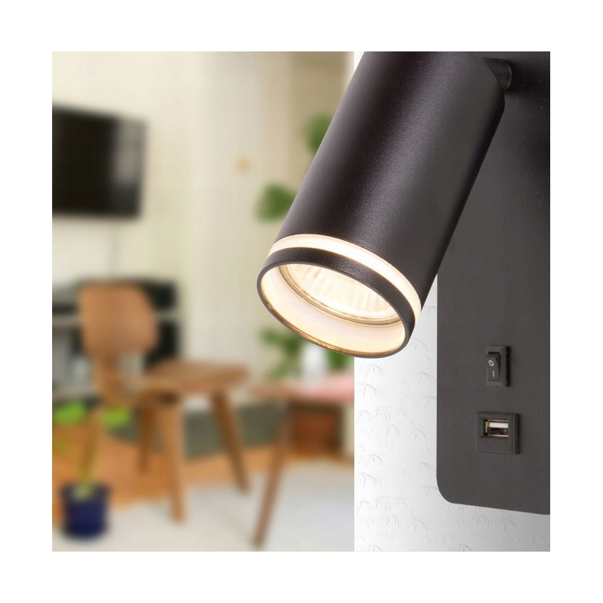 Vægspot med USB-oplader 1xGU10/35W/230V sort
