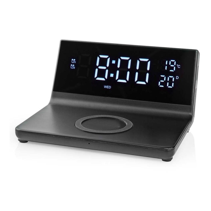 Vækkeur med LCD-display og trådløs oplader 15W/230V + 1xCR2032 sort