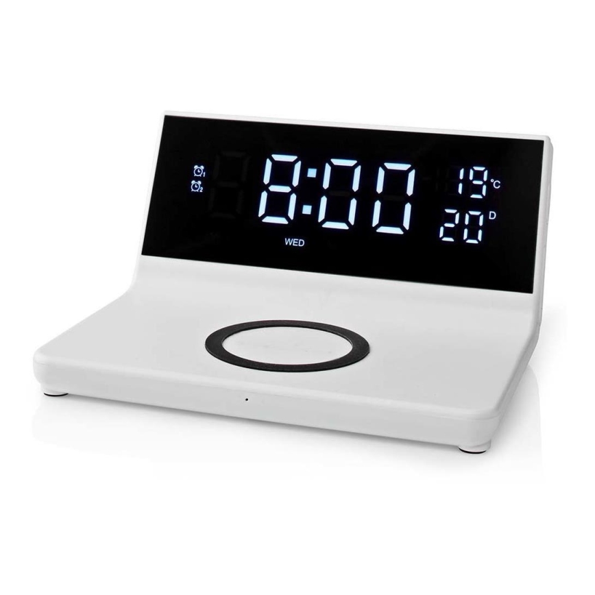 Vækkeur med LCD-display og trådløs oplader 15W/5V + 1xCR2032 hvid