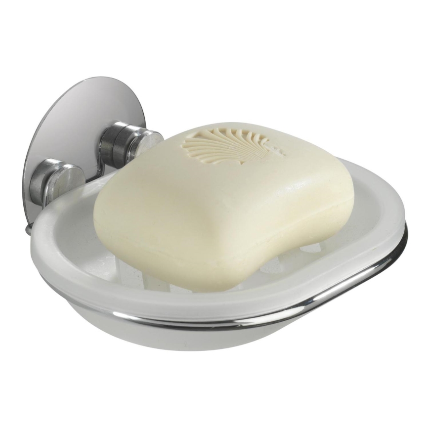 WENKO 18776100 - Sæbeskål TURBO-LOC, rund i stål, 13 x 11 cm, blank krom/hvid