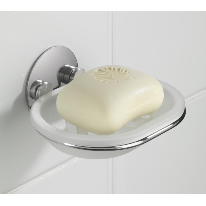 WENKO 18776100 - Sæbeskål TURBO-LOC, rund i stål, 13 x 11 cm, blank krom/hvid