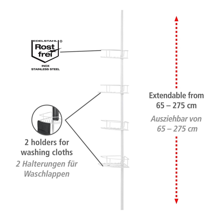 WENKO 26015100 - Hjørnehylde DOLCEDO 31x230 cm rustfrit stål/hvid