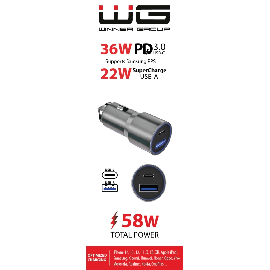 Winner Group - Biloplader 1xUSB-C + 1xUSB-A Power Delivery 58,5W sølvfarvet