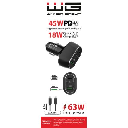 Winner Group - Biloplader 1xUSB-C + 1xUSB-A Power Delivery 63W + USB-kabel USB-C / USB-C 1 m sort
