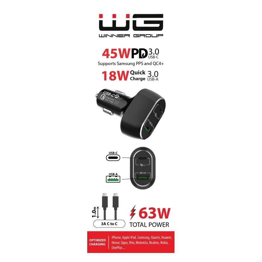 Winner Group - Biloplader 1xUSB-C + 1xUSB-A Power Delivery 63W + USB-kabel USB-C / USB-C 1 m sort