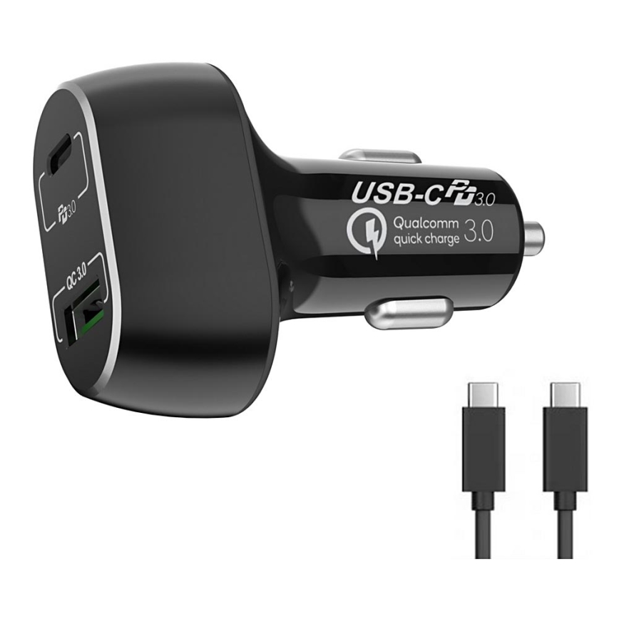 Winner Group - Biloplader 1xUSB-C + 1xUSB-A Power Delivery 63W + USB-kabel USB-C / USB-C 1 m sort