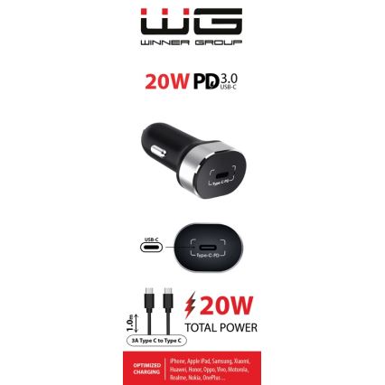Winner Group - Biloplader 1xUSB-C Power Delivery 20W + USB-kabel USB-C / USB-C 1 m sort