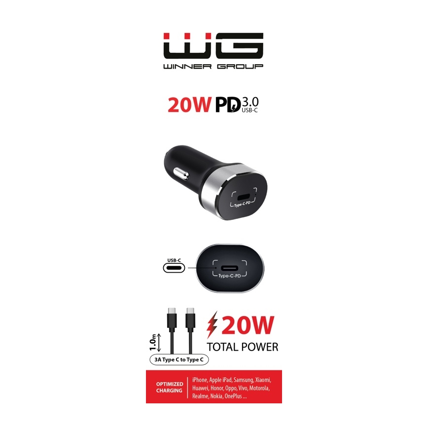 Winner Group - Biloplader 1xUSB-C Power Delivery 20W + USB-kabel USB-C / USB-C 1 m sort