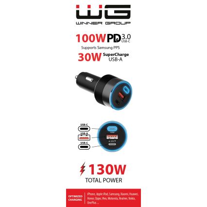 Winner Group - Biloplader 2xUSB-C + 1xUSB-A Power Delivery 130W sort