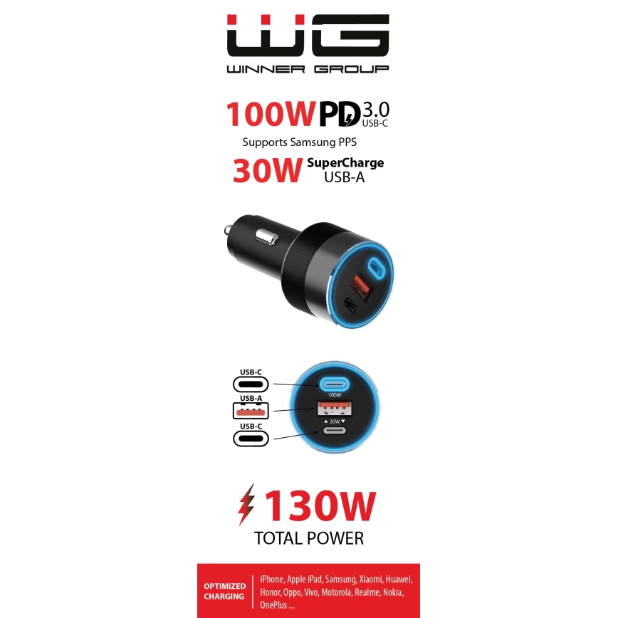 Winner Group - Biloplader 2xUSB-C + 1xUSB-A Power Delivery 130W sort