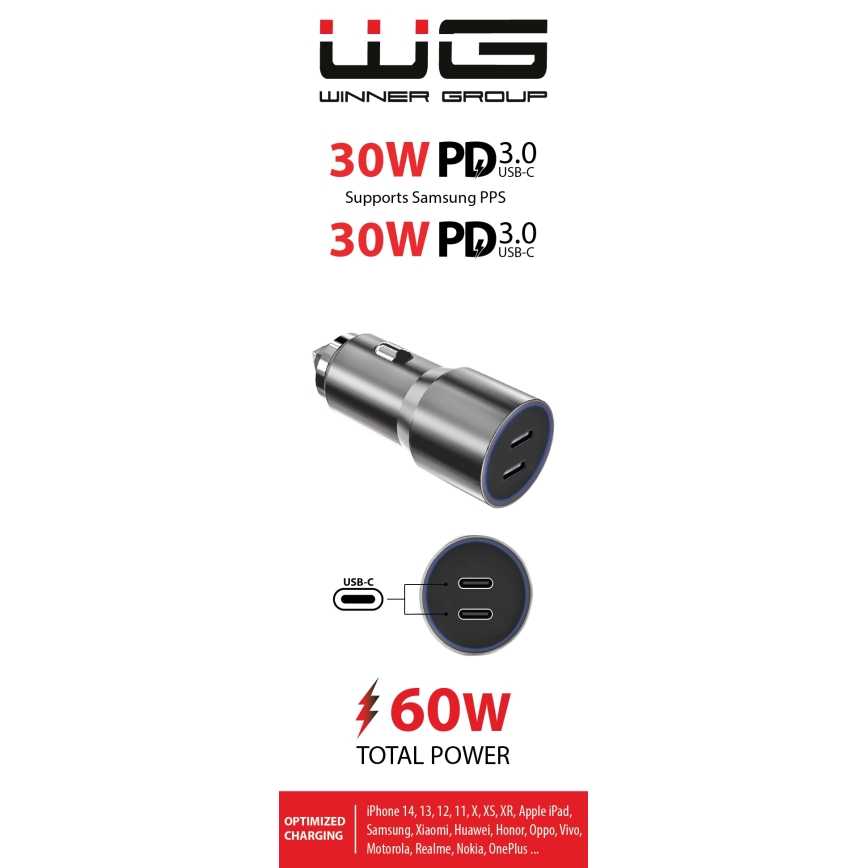Winner Group - Biloplader 2xUSB-C Power Delivery 60W sølvfarvet