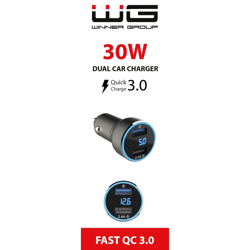 Winner Group - Biloplader med display 2xUSB-A Power Delivery 30W sort