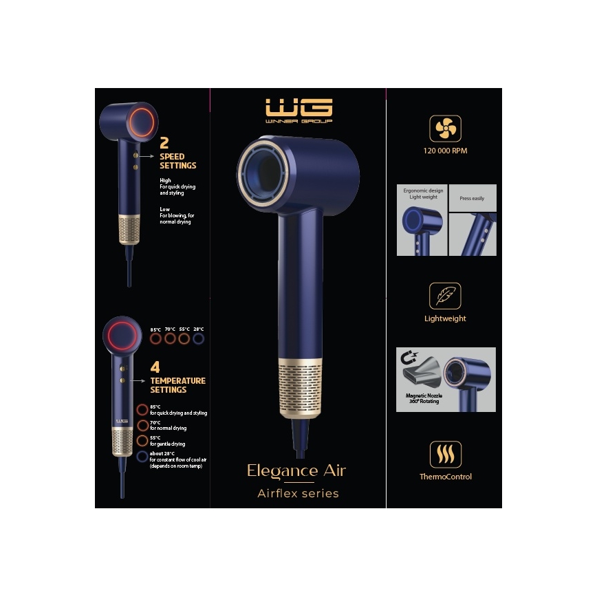Winner Group - Hårtørrer med ionisator Elegance Air 1600W/230V blå