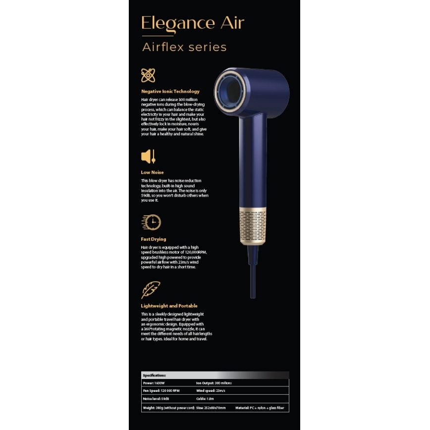 Winner Group - Hårtørrer med ionisator Elegance Air 1600W/230V blå