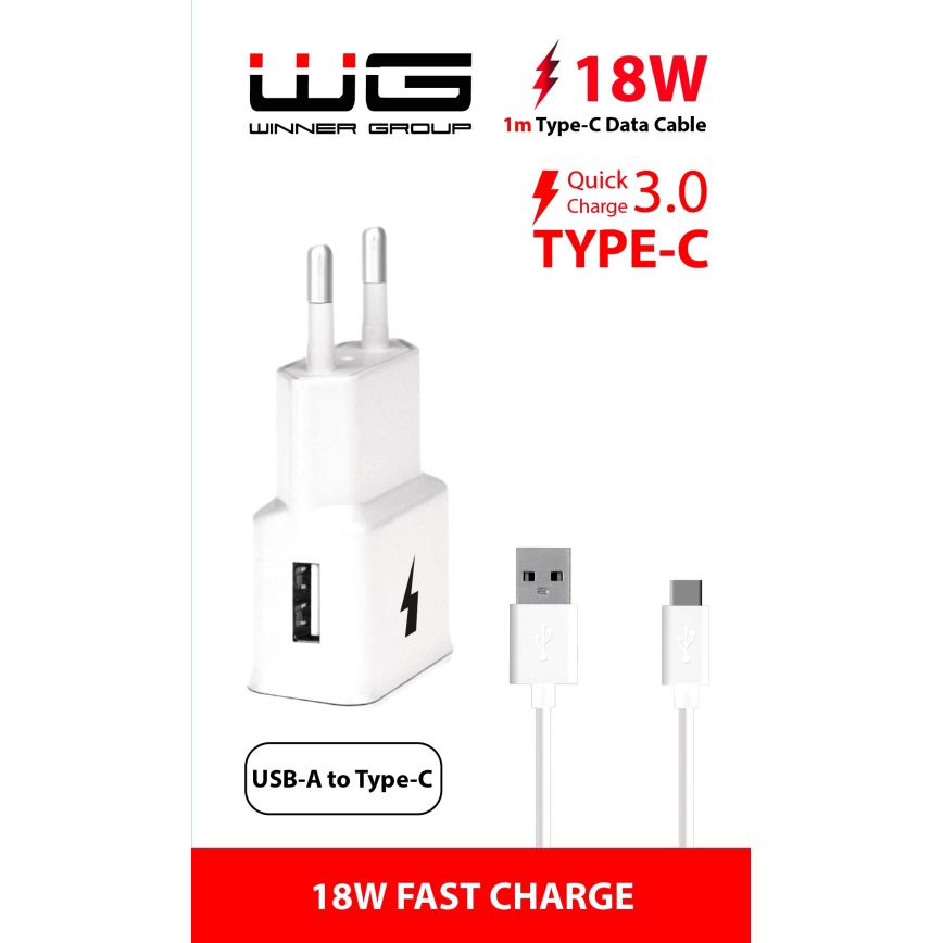 Winner Group- Hurtigoplader 1xUSB-A PD 18W + USB-kabel USB-C / USB-A 1 m