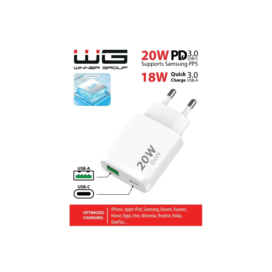Winner Group - Hurtigoplader 1xUSB-C + 1xUSB-A Power Delivery 20W hvid