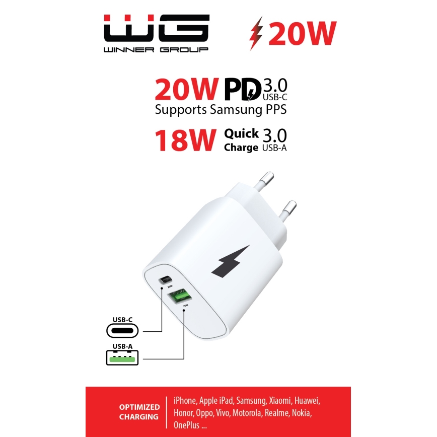 Winner Group - Hurtigoplader 1xUSB-C + 1xUSB-A Power Delivery 20W hvid