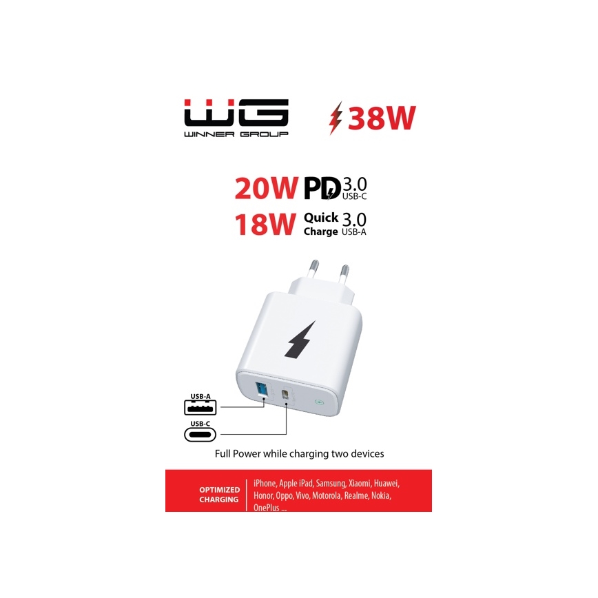 Winner Group - Hurtigoplader 1xUSB-C + 1xUSB-A Power Delivery 38W hvid