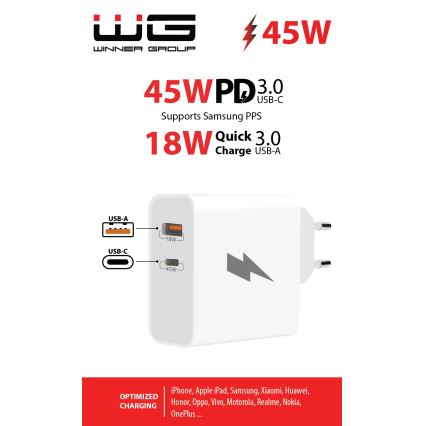 Winner Group - Hurtigoplader 1xUSB-C + 1xUSB-A Power Delivery 45W hvid