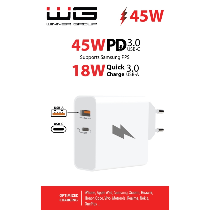 Winner Group - Hurtigoplader 1xUSB-C + 1xUSB-A Power Delivery 45W hvid