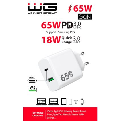 Winner Group - Hurtigoplader 1xUSB-C + 1xUSB-A Power Delivery 65W hvid