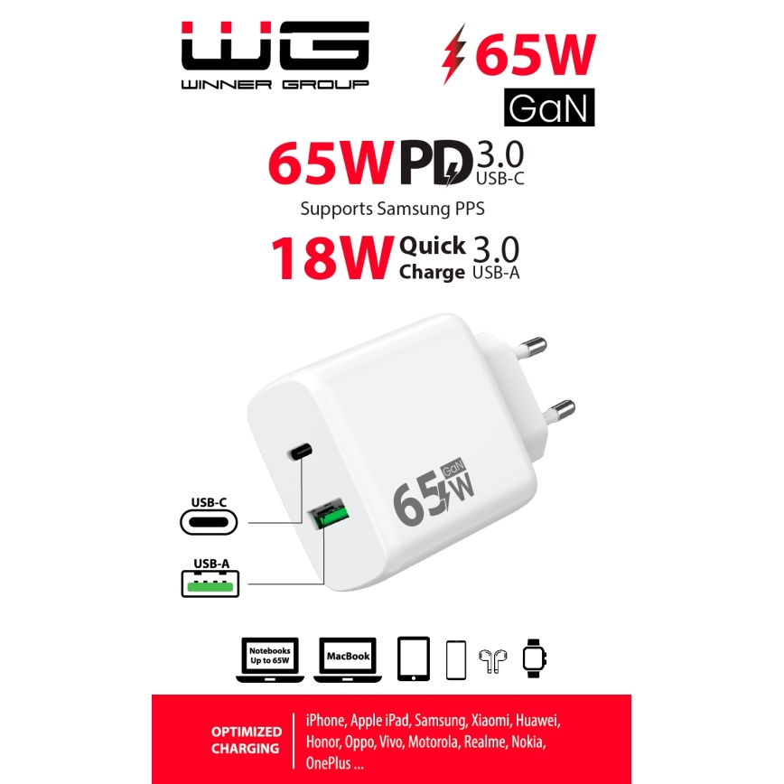 Winner Group - Hurtigoplader 1xUSB-C + 1xUSB-A Power Delivery 65W hvid