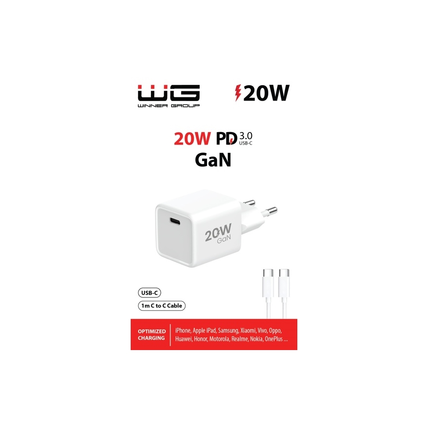 Winner Group- Hurtigoplader 1xUSB-C PD 20W + USB-kabel USB-C / USB-C 1 m