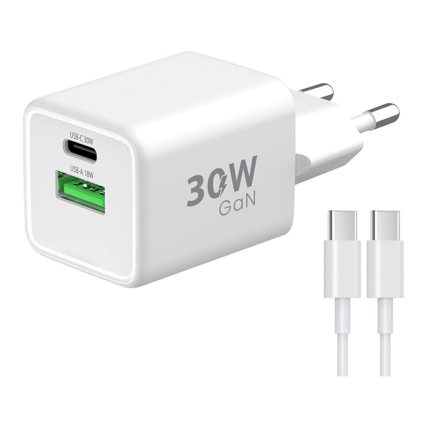 Winner Group - Hurtigoplader 2xUSB PD 30W + USB-kabel USB-C / USB-C 1 m