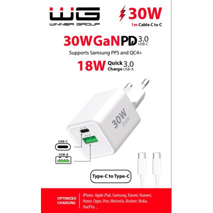 Winner Group - Hurtigoplader 2xUSB PD 30W + USB-kabel USB-C / USB-C 1 m