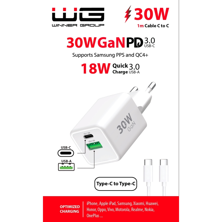 Winner Group - Hurtigoplader 2xUSB PD 30W + USB-kabel USB-C / USB-C 1 m