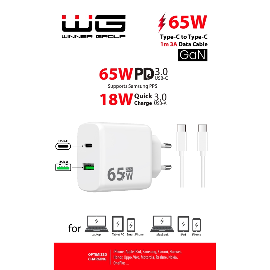 Winner Group - Hurtigoplader 2xUSB PD 65W + USB-kabel USB-C / USB-C 1 m