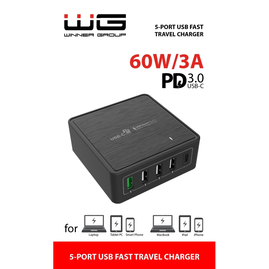 Winner Group - Hurtigoplader 5xUSB-C Power Delivery 60W sort