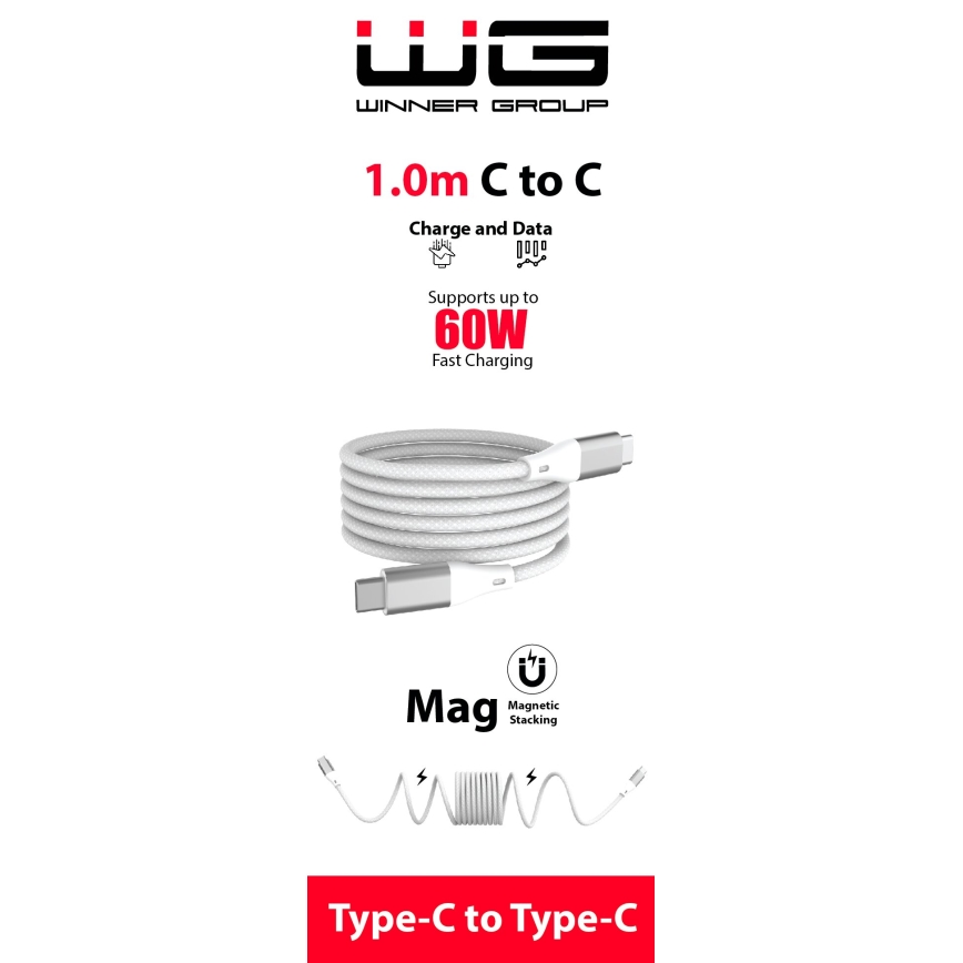 Winner Group - Magnetisk USB-kabel USB-C / USB-C 60W 1 m hvid