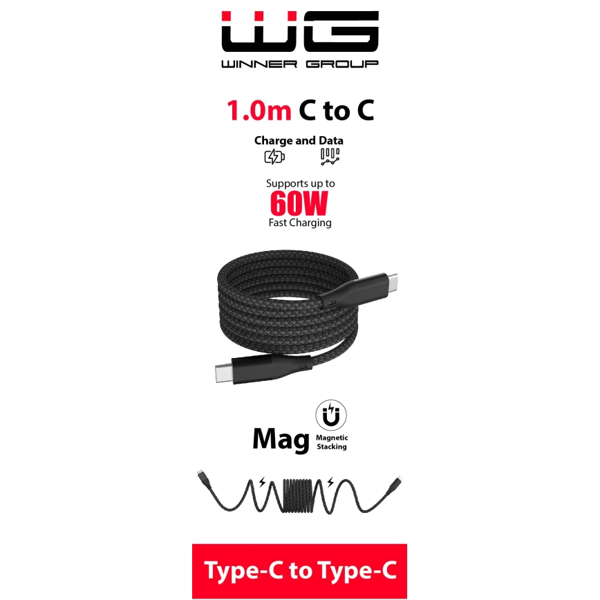Winner Group - Magnetisk USB-kabel USB-C / USB-C 60W 1 m sort