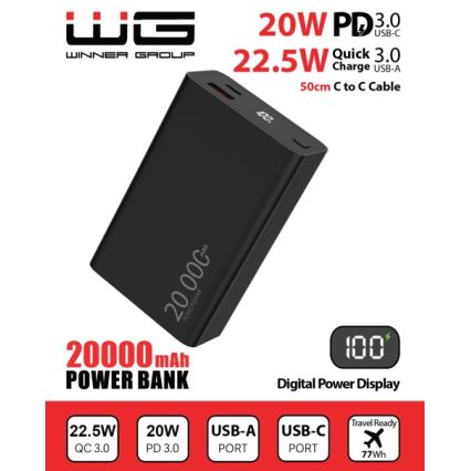 Winner Group - Powerbank med display 20000 mAh 20W Power Delivery sort