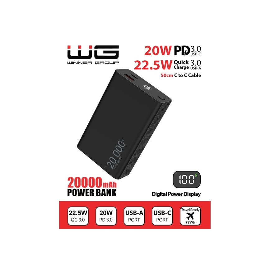 Winner Group - Powerbank med display 20000 mAh 20W Power Delivery sort