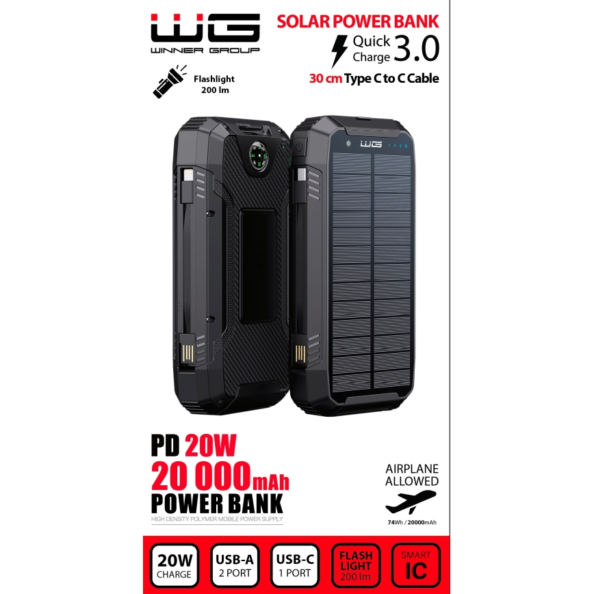 Winner Group - Powerbank med trådløs opladning og solpanel 20000 mAh 20W PD