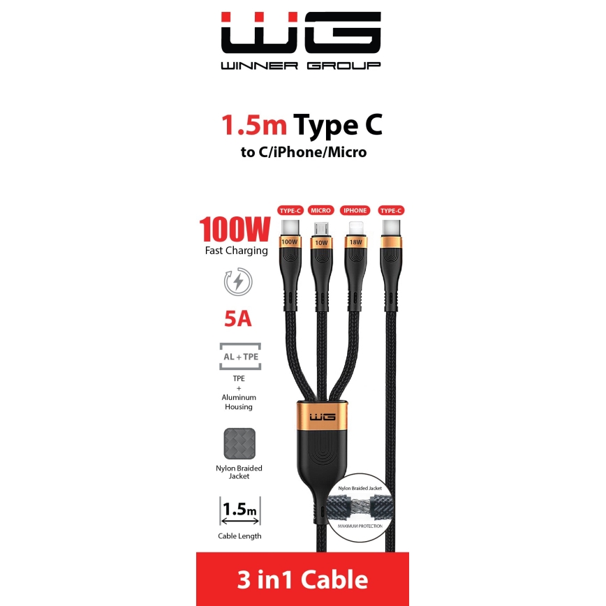 Winner Group -USB-kabel 03.01.2001 USB-C / Lightning, USB-C og Micro USB 100W 1,5 m sort