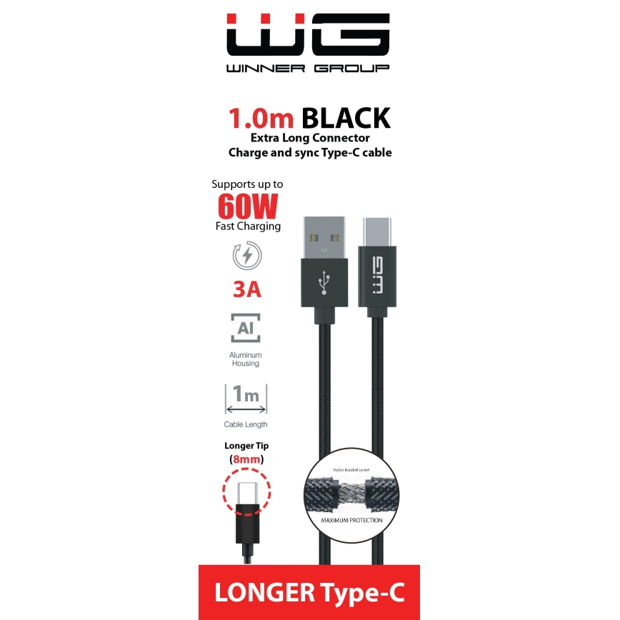 Winner Group - USB-kabel med forlænget stik USB-C / USB-A 1 m sort