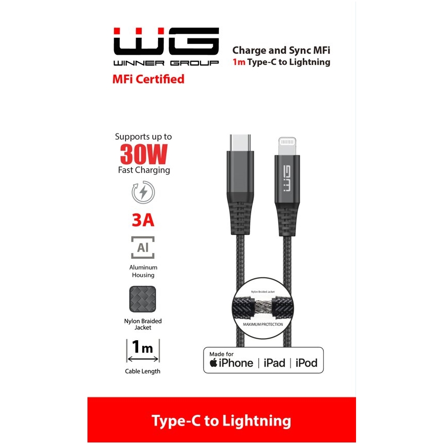 Winner Group - USB-kabel MFI Lightning / USB-C 1 m sort