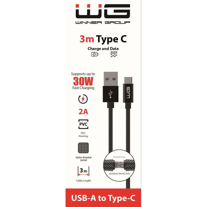 Winner Group - USB-kabel USB-C / USB-A 30 W 3 m sort