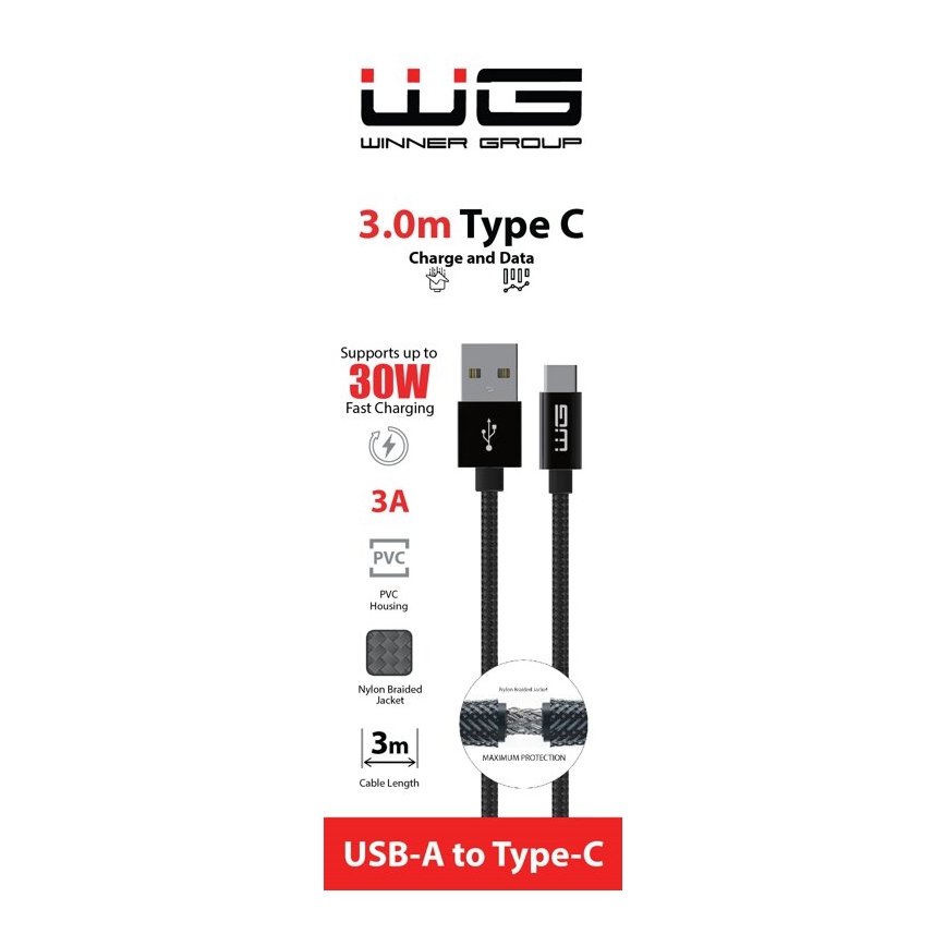 Winner Group - USB-kabel USB-C / USB-A 30W 3 m sort