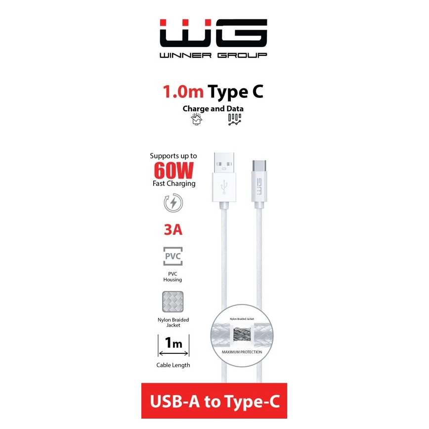 Winner Group - USB-kabel USB-C / USB-A 60W 1 m hvid