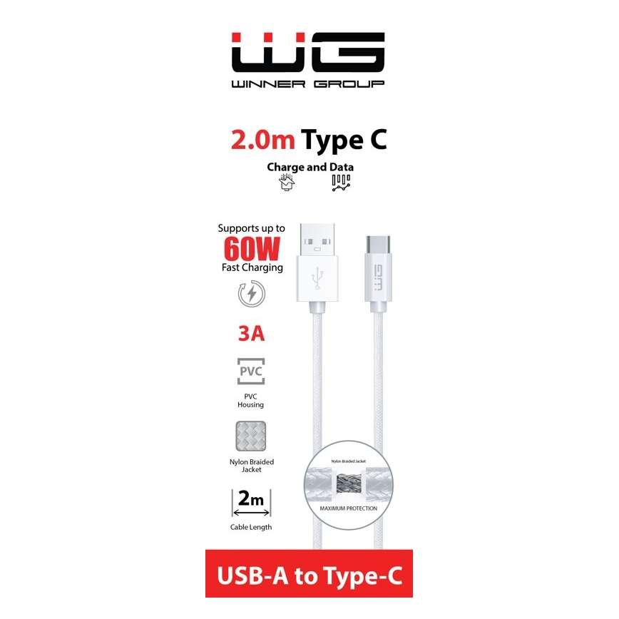 Winner Group - USB-kabel USB-C / USB-A 60W 2 m hvid