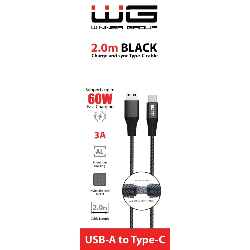 Winner Group - USB-kabel USB-C / USB-A 60W 2 m sort