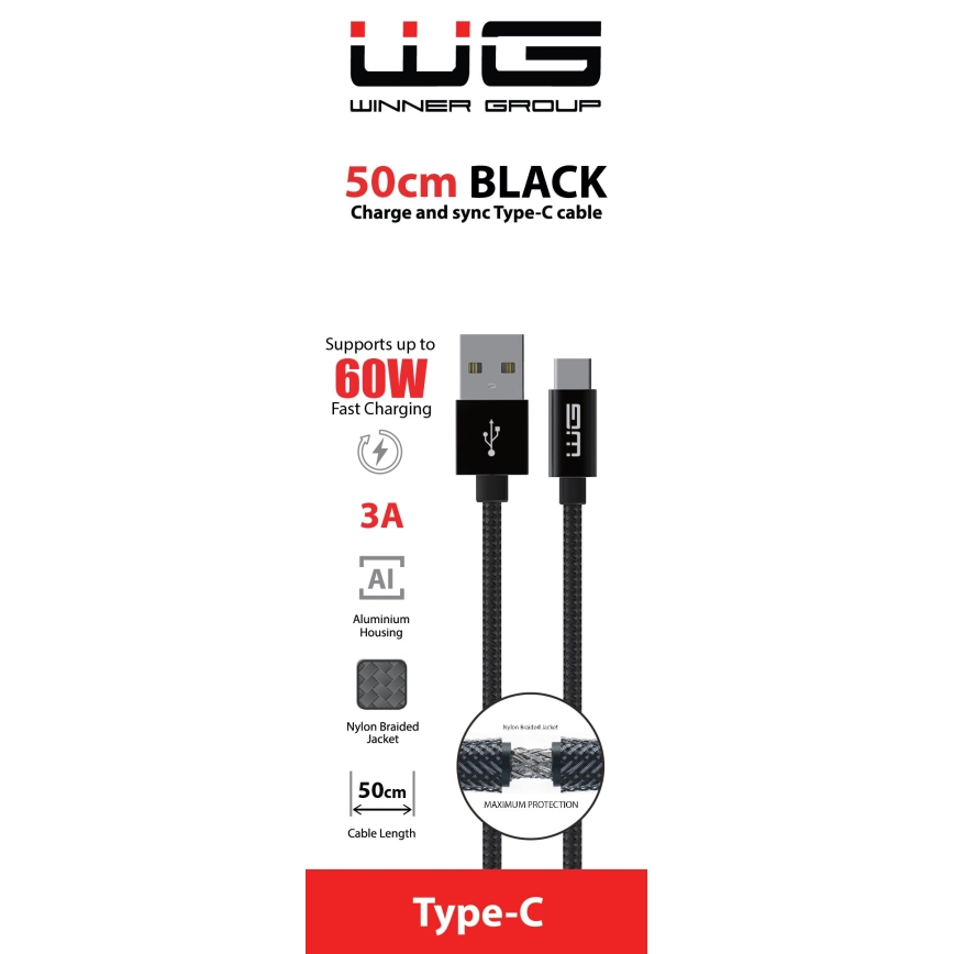 Winner Group - USB-kabel USB-C / USB-A 60W 50 cm sort