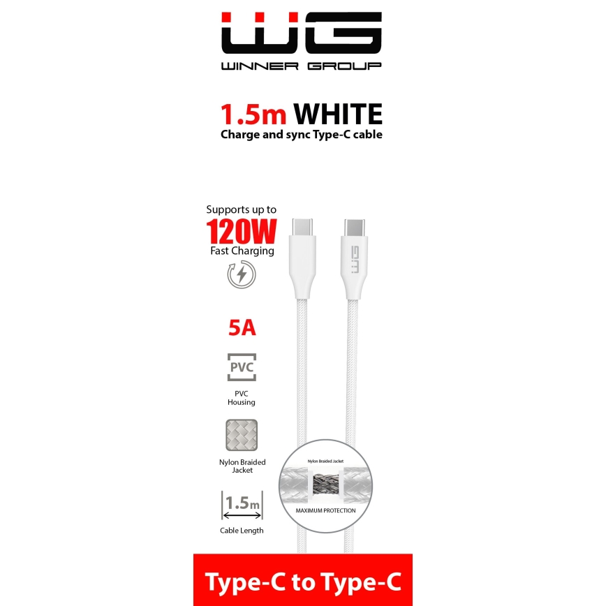 Winner Group - USB-kabel USB-C / USB-C 120W 1,5 m hvid