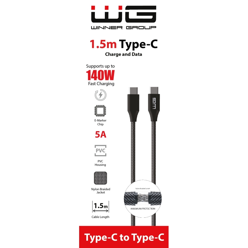 Winner Group - USB-kabel USB-C / USB-C 140W 1,5 m sort