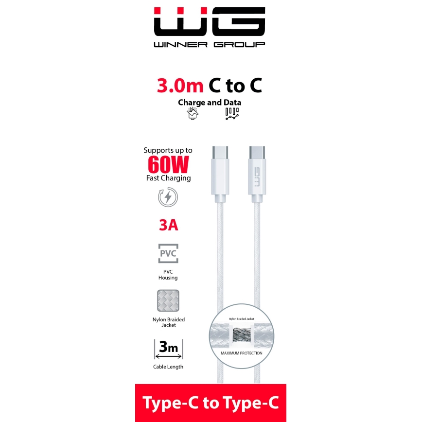 Winner Group - USB-kabel USB-C / USB-C 60W 3 m hvid